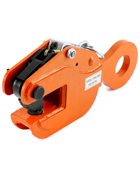 Vertical plate lifting clamp, orange steel, 2-ton capacity.
