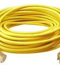Heavy Duty Outdoor Extension Cord 12 Gauge 100 Feet With Lighted End, Weatherproof SJTW, Durable Vinyl Jacket, Yellow Coiled