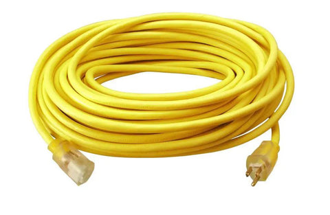 Heavy Duty Outdoor Extension Cord 12 Gauge 100 Feet With Lighted End, Weatherproof SJTW, Durable Vinyl Jacket, Yellow Coiled