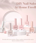 Six Nude Shades Gel Nail Polish Set In 9ml Bottles, HEMA Free Long Lasting Manicure Kit In White Pink Beige Tones displayed on stand