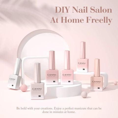 Six Nude Shades Gel Nail Polish Set In 9ml Bottles, HEMA Free Long Lasting Manicure Kit In White Pink Beige Tones displayed on stand