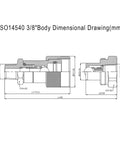 3/8 NPT hydraulic quick-coupler body dimension drawing; side and front cross-section views with measurements.