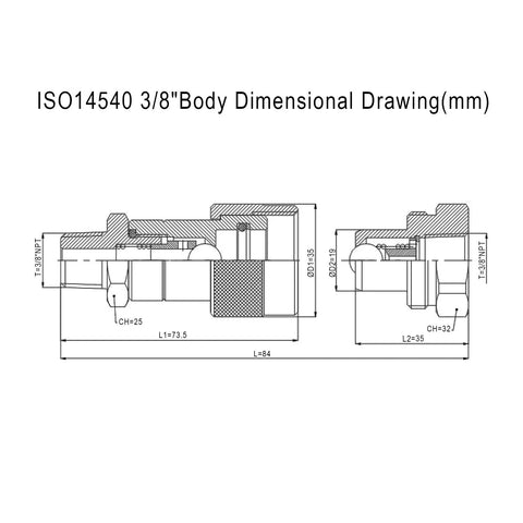3/8 NPT hydraulic quick-coupler body dimension drawing; side and front cross-section views with measurements.