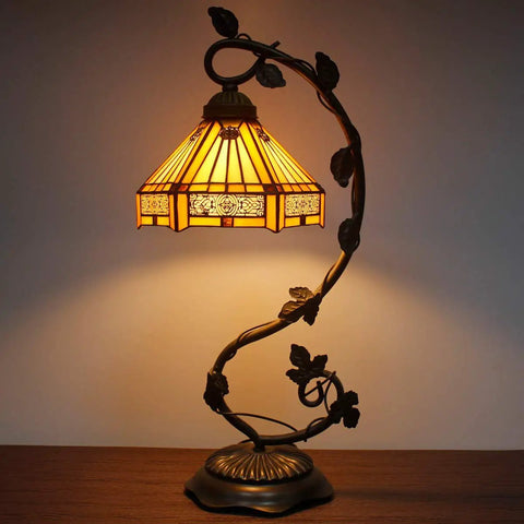Tiffany Style Stained Glass Table Lamp With Yellow Hexagon Shade, 8 Inch Lampshade, Bronze Resin Base, UL Listed Reading Light