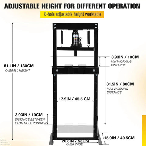 Tough As Nails 12 Ton Hydraulic Shop Press With Adjustable Work Table And Press Plates For Serious Garage Repairs Bearing Removal And Custom Metalworking Projects Black, showing adjustable height specifications.