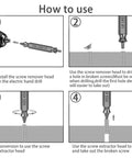 Instruction diagram for using the 5-Piece HSS Screw Extractor Set For Damaged Screws And Bolts with left-hand spiral flutes.