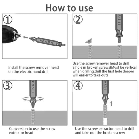 Instruction diagram for using the 5-Piece HSS Screw Extractor Set For Damaged Screws And Bolts with left-hand spiral flutes.