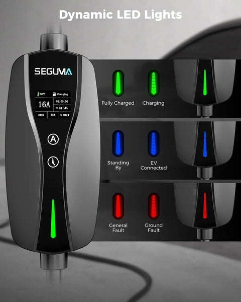Level 1 2 Portable Ev Charger With Native Nacs Port Nema 5 15 Plug adjustable 6 to 16 amps displaying LED status lights.