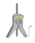 Front view of metal 4in Y-type pipe center finder with bubble protractor and hex key.