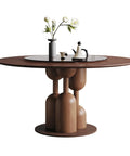 High Grade Oak Wabi Sabi Round Dining Table With 35 Inch Tempered Glass Lazy Susan And Walnut Detail, elegantly styled with a vase and teapot.
