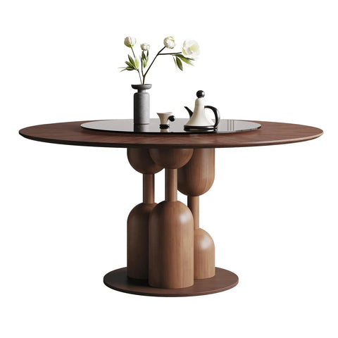 High Grade Oak Wabi Sabi Round Dining Table With 35 Inch Tempered Glass Lazy Susan And Walnut Detail, elegantly styled with a vase and teapot.