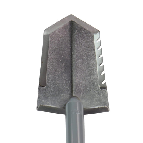 Close-up of Pro Series T Handle Shovel with Serrated Blade, 31 inch overall length, 7.5 inch blade long by 4 inch wide, heavy duty digger.