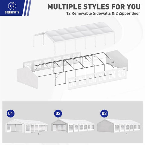 Heavy Duty 20x40 Ft Party Tent With Removable Sidewalls, 7 Carry Bags, Outdoor Canopy Gazebo illustration with setup options