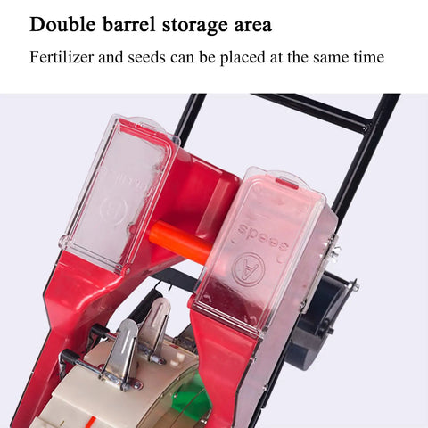 Close-up of 2 In 1 Corn Planter With Double Mouth Seeder Seed Sower And Fertilizer Applicator showing double barrel storage area.