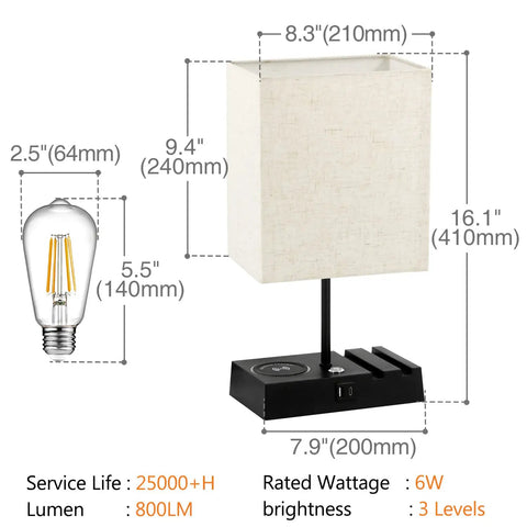 Dimensions and features of USB Table Lamp With Wireless Charging And USB C Port, 3 Way Dimmable Bedside Lamp With USB Port And AC Outlet