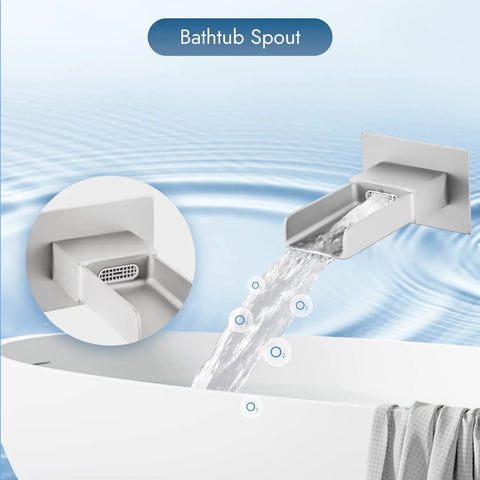 Ceiling Mount Shower System With 12 Inch Rainfall Head, Handheld Spray, And Waterfall Tub Spout 3 Function Brass Faucet Set In Polished Chrome For High Pressure Durable Build Easy Install showing waterfall tub spout with flowing water.