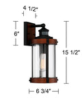Rock Solid Black Motion Sensor Outdoor Wall Sconce With Zero Fuss Industrial Craftsmanship And Reliable Nighttime Security Lighting For Front Porch Or Driveway, showing dimensions 15.5in height, clear glass and metal design.