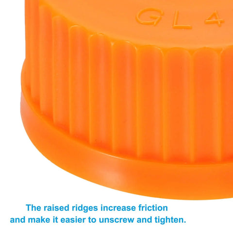 Close-up of orange GL45 Screw Caps Set For Glass Media Bottles, 45mm, 10 Pack, Polypropylene Cover Seal Thread Caps With Orange Cap