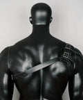 Back view of mannequin wearing Medieval Sword Back Holster Leather Shoulder Frog Belt for Knight Cosplay with buckles.