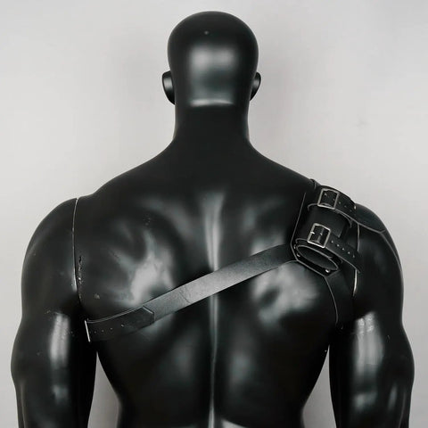 Back view of mannequin wearing Medieval Sword Back Holster Leather Shoulder Frog Belt for Knight Cosplay with buckles.