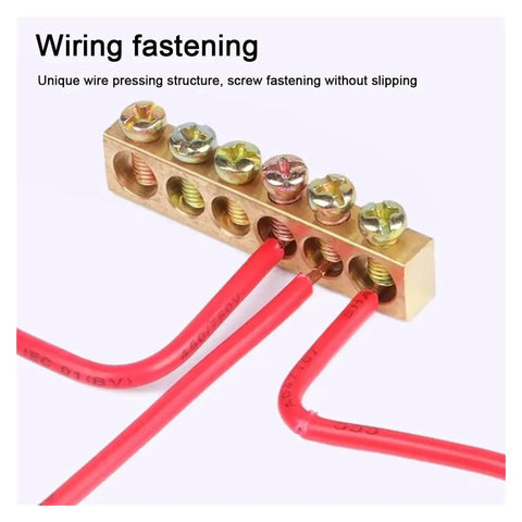 Top Shelf One Pack Golden Wire Screw Connector Terminal Block With Snug Six By Nine Crimp Holes For Heavy Duty Electrical Wiring And No Fuss Quick Connect Installations, showing crimp holes and red wires.
