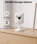 Crisp 2K Indoor Security Camera With Dual Band WiFi And Full Color Night Vision on wooden shelf with flexible storage options.