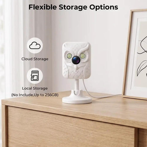 Keep Your Place Secure Hella Sharp 2K Indoor Camera With Full Color Night Vision And Dual Band Wifi on a wooden shelf.