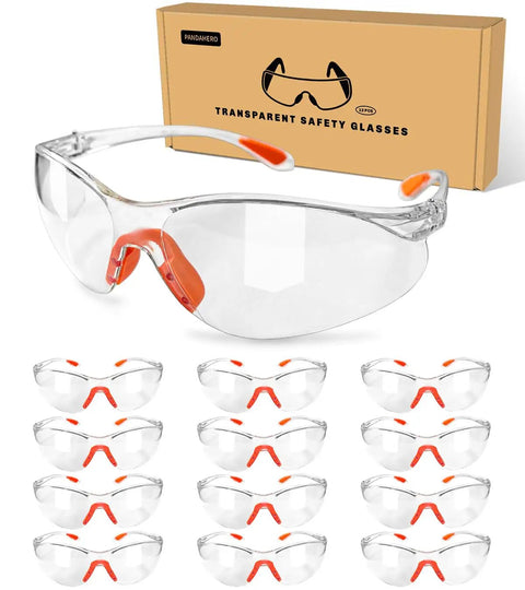 Orange Safety Glasses Set Of 12 For Men And Women, Clear Working Glasses And Goggles For Ultimate Eye Protection, shown in box