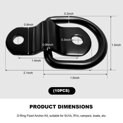 Hella Secure Heavy Duty D Ring Tie Down Anchors 10 Pack Quarter Inch 2400 Lbs Swivel Surface Mount Lashing hardware with dimensions.