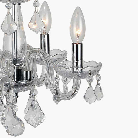 Close-up of Four Light Crystal Chandelier in Chrome Finish with Cranberry Red Crystals, 16 Inch Diameter and 12 Inch Height