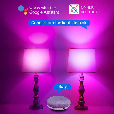 Smart WiFi LED Light Bulbs RGB CW Multicolor Dimmable A19 E26 No Hub Needed Works With Alexa Google Home Siri IFTTT Voice Control And Remote Group Control Pack Of 2 showing pink lighting with Google Assistant