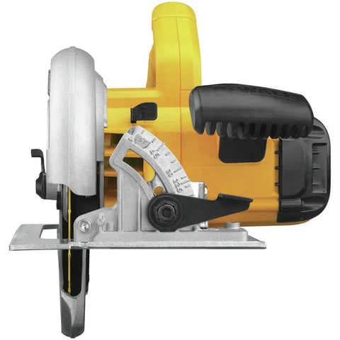 Super Light 15 Amp Corded 7-1/4 Inch Circular Saw With Sweet 53 Degree Bevel Stops and Deep 2 9/16 Inch Cut side view showing bevel adjustment.