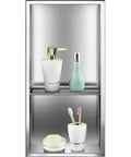 304 Stainless Steel Shower Niche 12 By 24 By 4 Inches Wall Inset Recessed Shelf with toiletries, soap, and toothbrushes