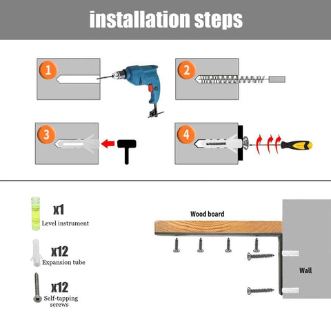 Installation steps for Super Sturdy Stainless Steel Shelf Brackets with tools and materials required for wall mounting.