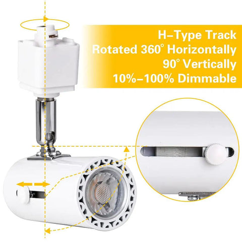 Dimmable H Track Lighting Heads With Adjustable 330 Degree Rotation And 90 Degree Tilt For Precise Accent Lighting, CRI 90 Plus LED Track Fixtures, 4000K Daylight, 120V Halo Type, White, 10 Pack shown in close-up with rotation angles and dimmable feature details.