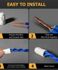 Ceramic wire nuts set, 70 pcs in three sizes (S/M/L), high-temp connectors; installation steps infographic