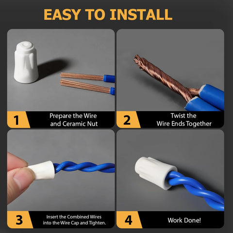 Ceramic wire nuts set, 70 pcs in three sizes (S/M/L), high-temp connectors; installation steps infographic