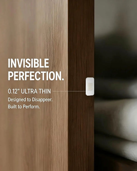 Close-up of ultra-thin magnetic catch on wood, part of 20 Pack Magnetic Cabinet Catches For Doors And Drawers Heavy Duty Neodymium.