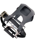 Black bike pedal with toe clip and adjustable straps for indoor cycling, 14mm axle, 9/16 inch thread, right side replacement.
