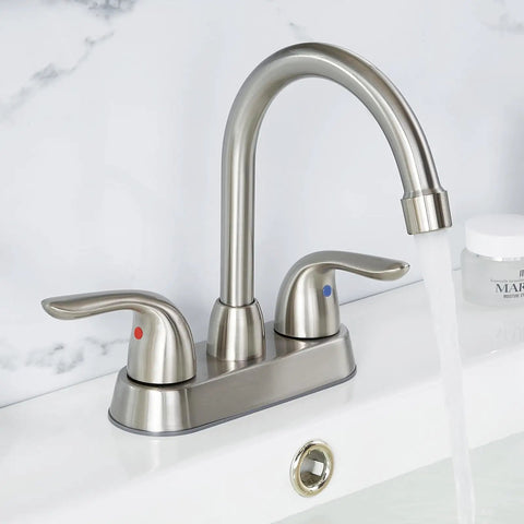 4 Inch Centerset Bathroom Faucet In Brushed Nickel, Deck Mounted Two Handle Vanity Mixer With Drain Assembly And Flexible Supply Hoses, Ideal For Lavatories, RV Campers And Home Bathrooms