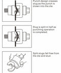 Manual Knockout Punch Driver Kit for One Half Inch to One And One Quarter Inch Conduit Holes punch operation diagram showing slug split.