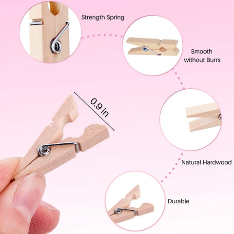 Top Shelf 100 Piece Mini Wooden Clothespins With Handy Storage Bag Dead Serious Grip Birch Hardwood Clips showing a close-up of a durable clothespin with strength spring.