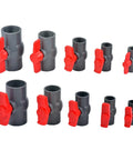 Heavy Duty PVC Ball Valve For Plumbing And Water Supply No Sweat Hookup Full Port Flow Control set in various sizes with red T handles.