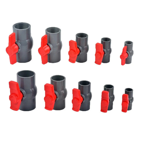 Heavy Duty PVC Ball Valve For Plumbing And Water Supply No Sweat Hookup Full Port Flow Control set in various sizes with red T handles.