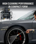 Man using Electric Pressure Washer 2.0 GPM Full Kit With 1800 Peak PSI for DIY home car wash on black vehicle wheel