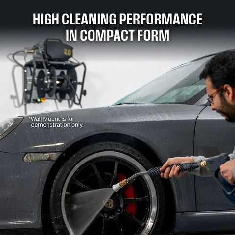 Man using Electric Pressure Washer 2.0 GPM Full Kit With 1800 Peak PSI for DIY home car wash on black vehicle wheel