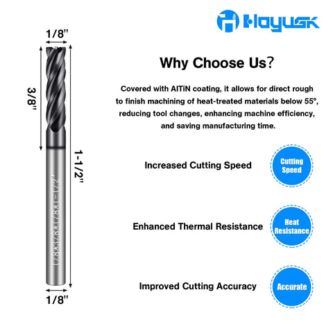 Carbide Square End Mill Four Flute Four Tooth Design Set One Eighth Inch AlTiBN Coated For Alloy Steels CNC Tool