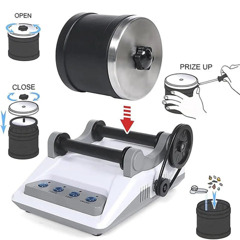 Diagram of Electric Rock Tumbler Kit For Polishing Stones A Complete Gem Grinder And Polisher Set showing parts assembly and use