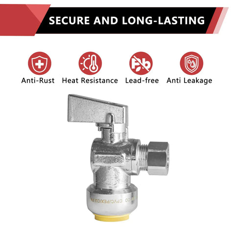 10-Pack Push Fit Stop Valve With 1/4 Turn Angle Shut Off, 1/2 In Push X 3/8 Inch Compression, Chrome Finish, secure and long-lasting.