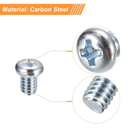 Heavy Duty Number Eight Thirty Two Thread Zinc Plated Carbon Steel Pan Head Phillips Machine Screws showing head and thread details.